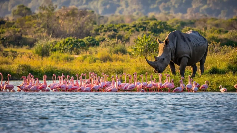 Rhino and flamingos at Lake Nakuru